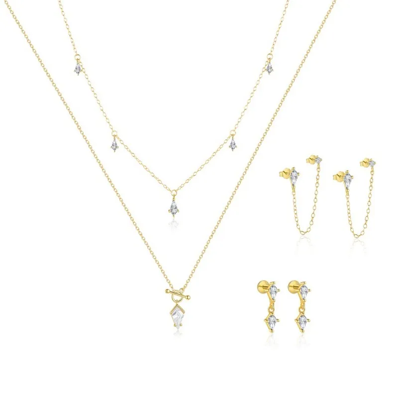 925 Sterling Silver Layered Rhombus CZ Necklace Earring Set 140200011 925 Sterling Silver Layered Rhombus CZ Necklace Earring Set 140200011