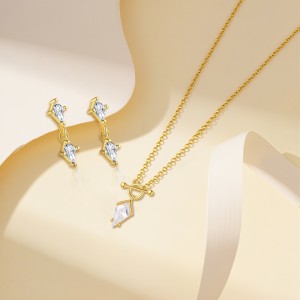 925 Sterling Silver Layered Rhombus CZ Necklace Earring Set 140200011