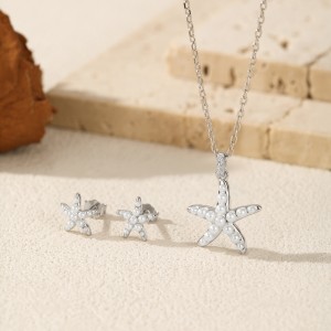 925 Sterling Silver Pearl Starfish Earring Necklace Set 140200013