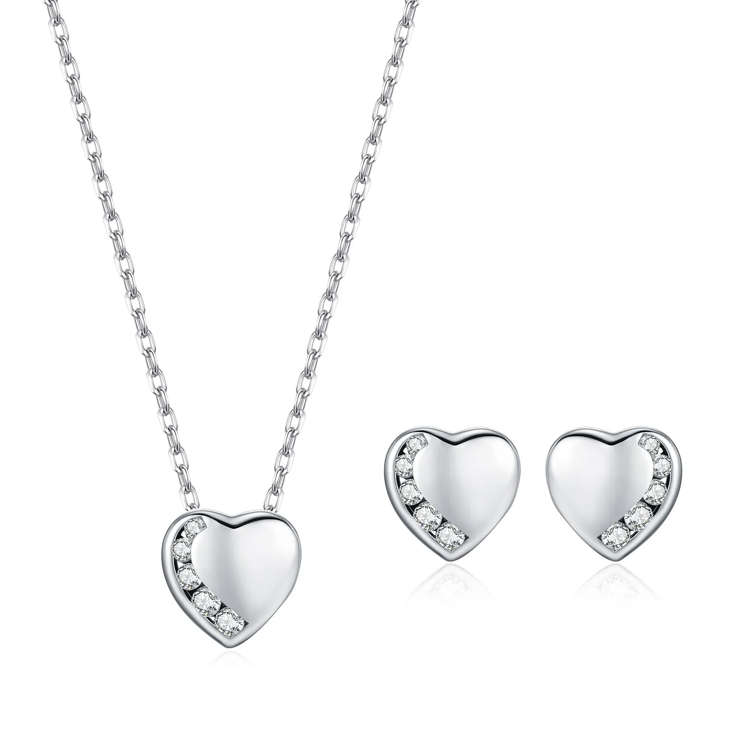 925 Sterling Silver Love Heart Pave Stud Earring Necklace Set 140200014 925 Sterling Silver Love Heart Pave Stud Earring Necklace Set 140200014