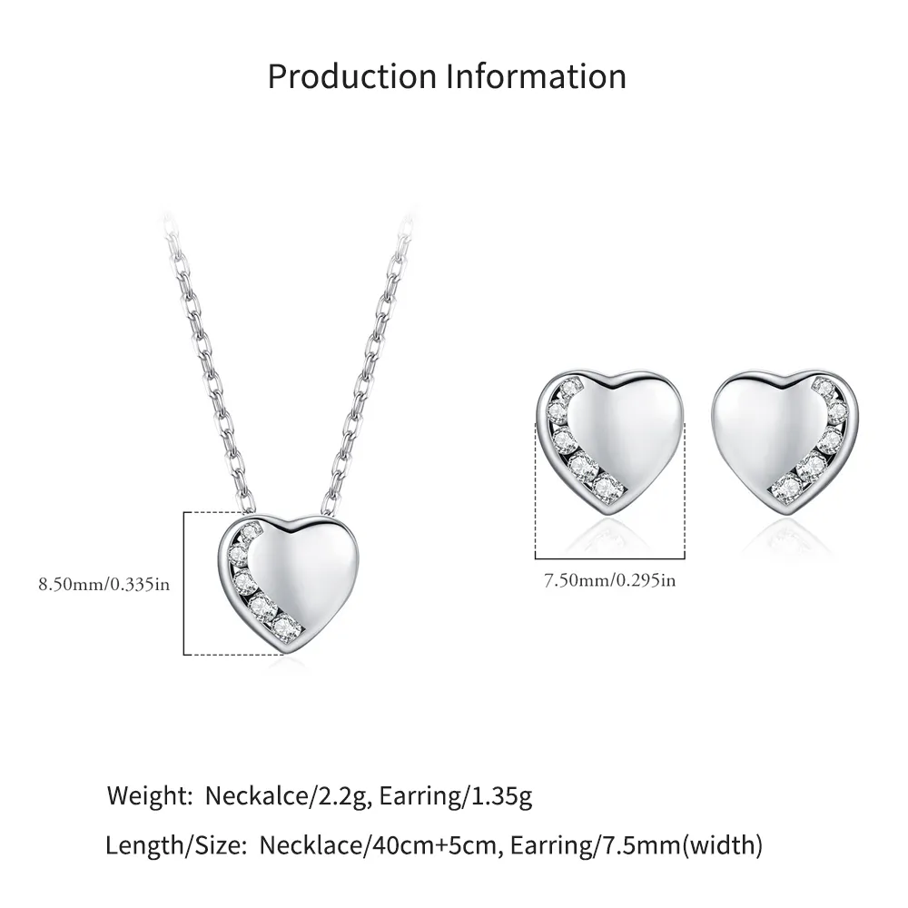 925 Sterling Silver Love Heart Pave Stud Earring Necklace Set 140200014 - image2