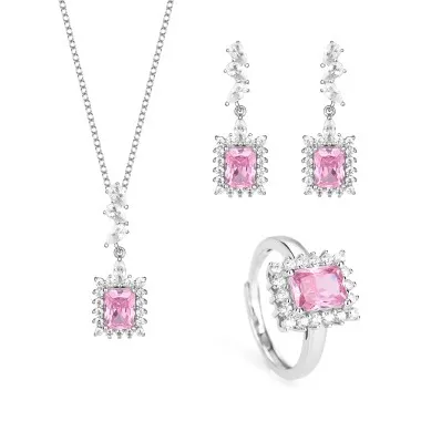 Cubic Zirconia Rectangle Pendant Necklace Stud Earring Ring Set 140300001