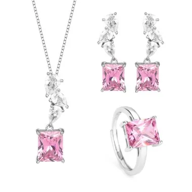 Cubic Zirconia Rectangle Pendant Necklace Stud Earring Ring Set 140300002