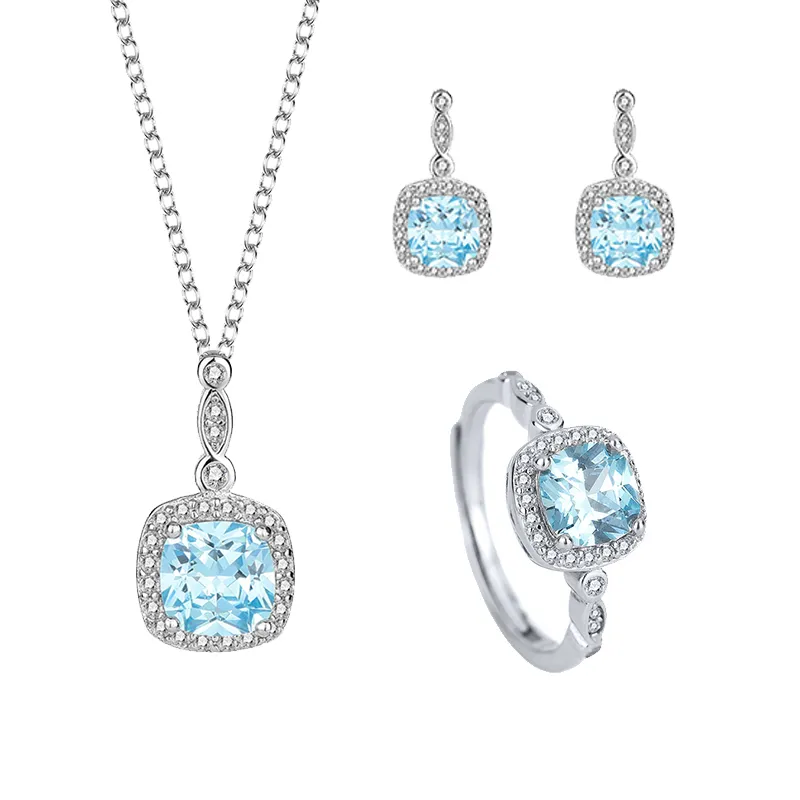 Cubic Zirconia Square Pendant Necklace Stud Earring Ring Set 140300003