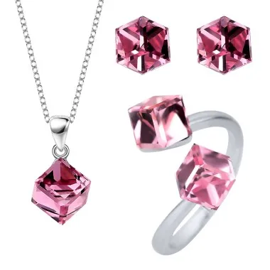 Austrian Crystals Cube Pendant Necklace Stud Earring Ring Set 140300004