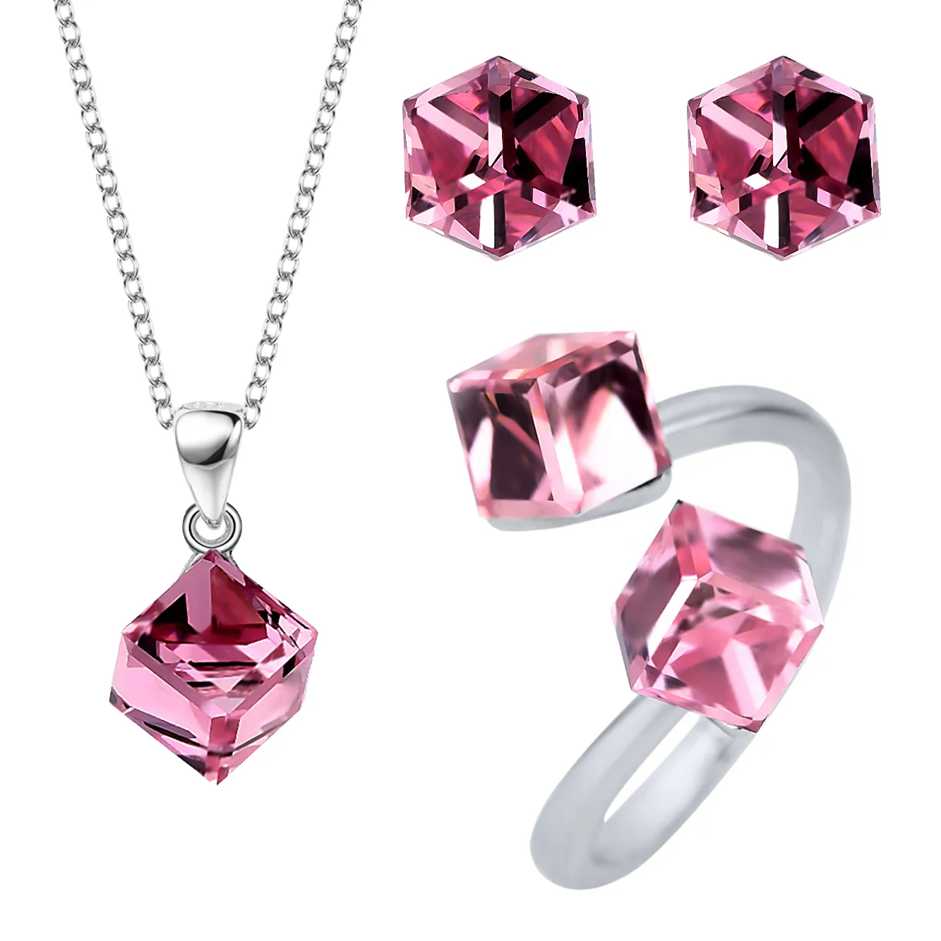 Austrian Crystals Cube Pendant Necklace Stud Earring Ring Set 140300004