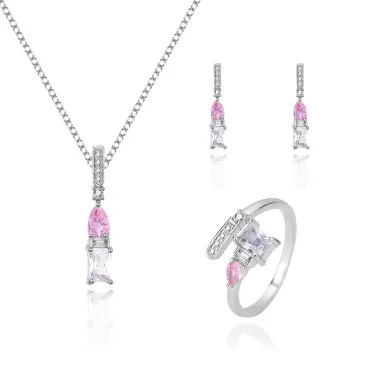 Cubic Zirconia Geometric Pendant Necklace Stud Earring Ring Set 140300005