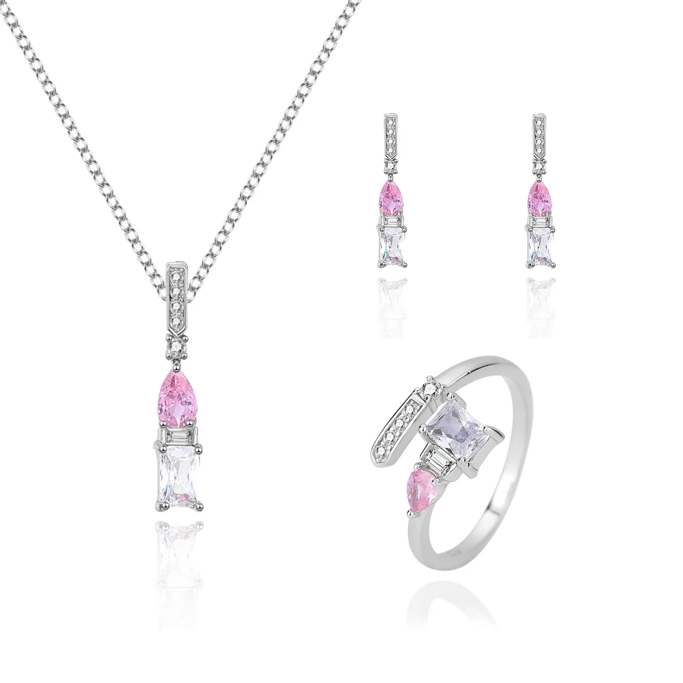 Cubic Zirconia Geometric Pendant Necklace Stud Earring Ring Set 140300005