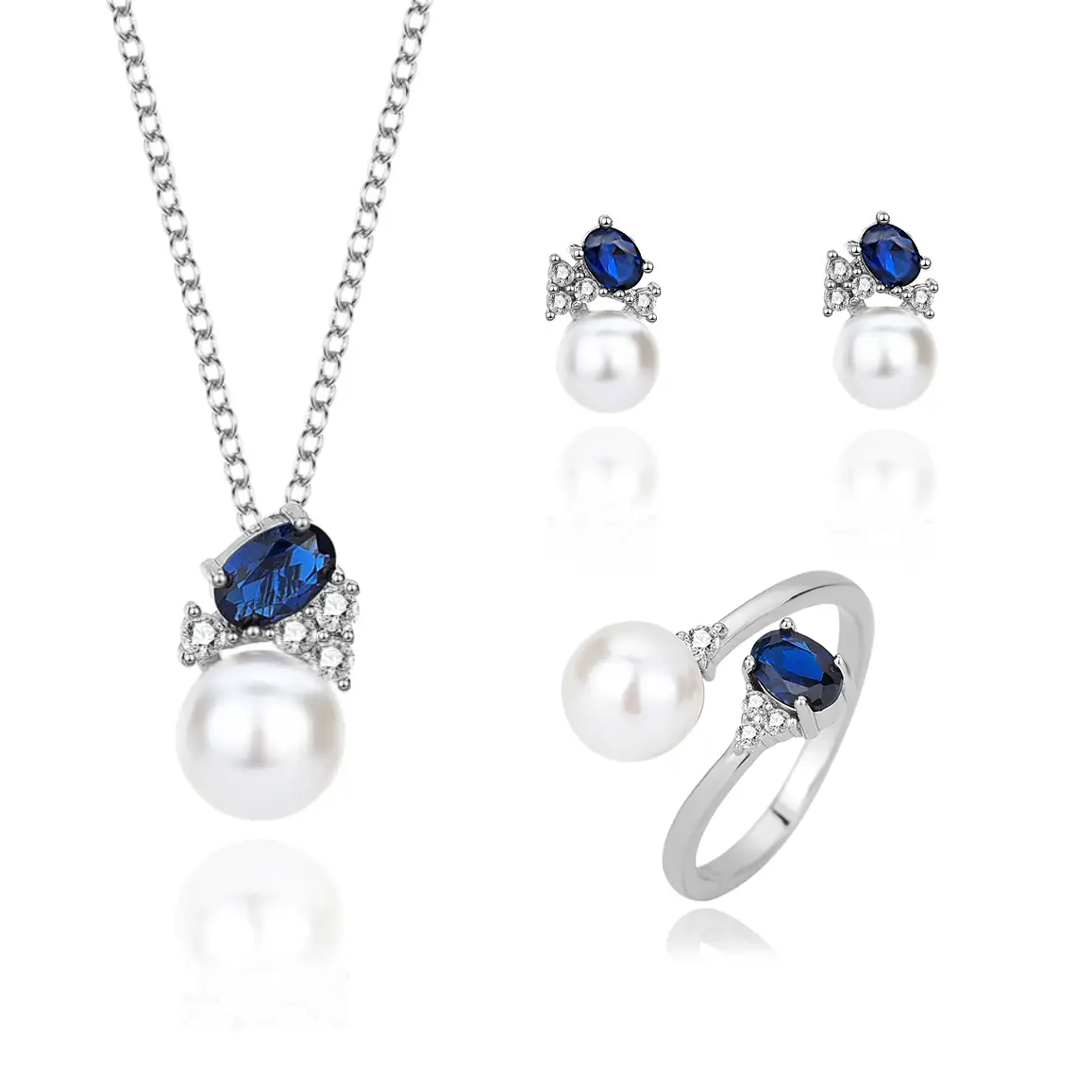 Cubic Zirconia Pearl Pendant Necklace Stud Earring Ring Set 140200006