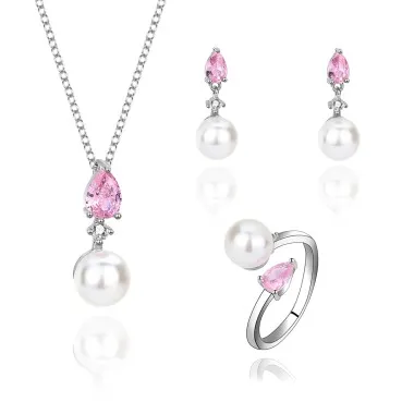 Cubic Zirconia Pearl Pendant Necklace Stud Earring Ring Set 140300007