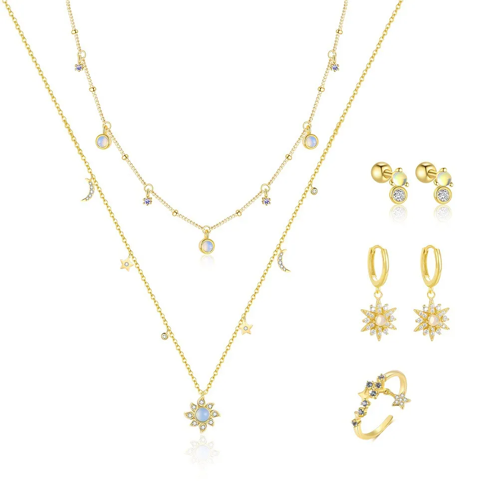 925 Sterling Silver Moonstone Star Necklace Earring Ring Set 140300018 925 Sterling Silver Moonstone Star Necklace Earring Ring Set 140300018