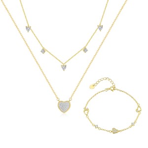 925 Sterling Silver Pave CZ Heart Layered Necklace Bracelet Set 140500001
