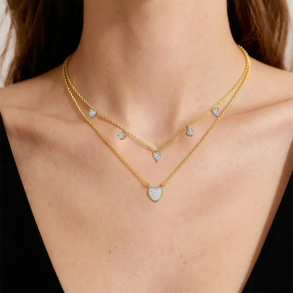 925 Sterling Silver Pave CZ Heart Layered Necklace Bracelet Set 140500001 - image1