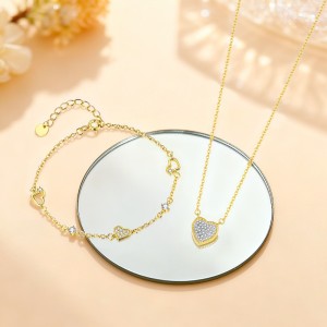 925 Sterling Silver Pave CZ Heart Layered Necklace Bracelet Set 140500001