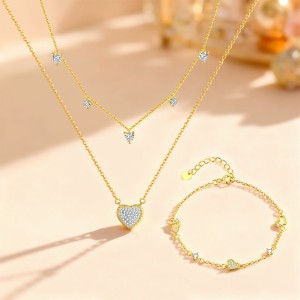 925 Sterling Silver Pave CZ Heart Layered Necklace Bracelet Set 140500001