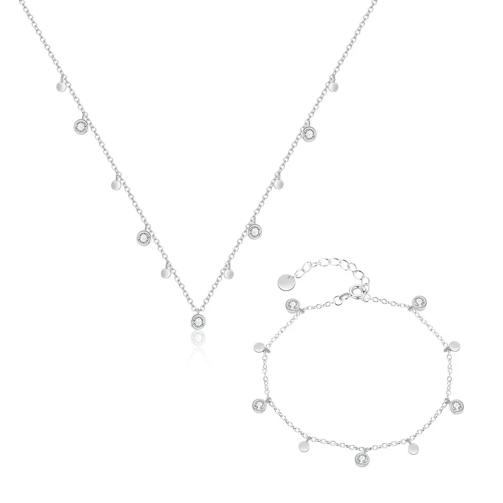 925 Sterling Silver Geometric Coin CZ Necklace Bracelet Set 140500003
