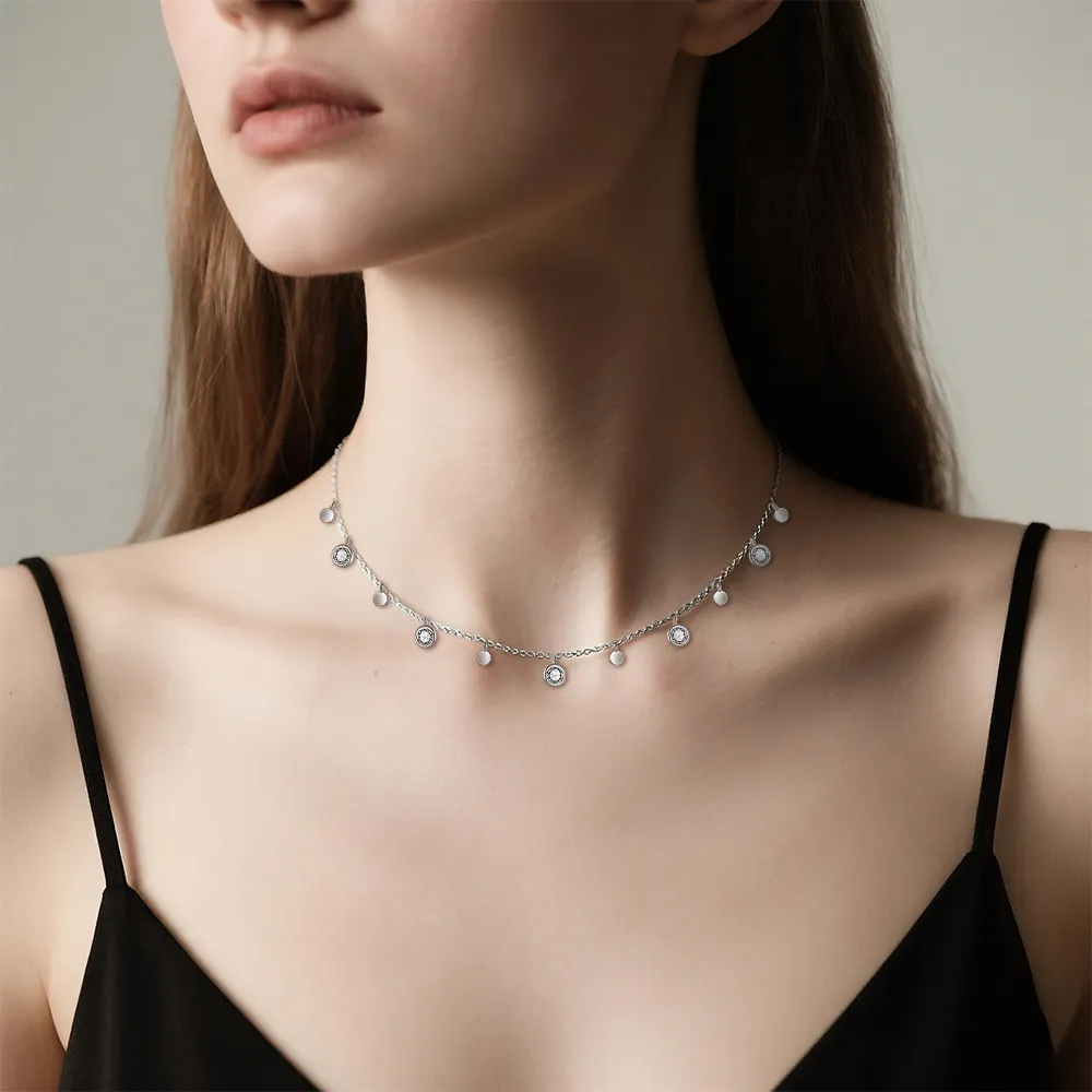 925 Sterling Silver Geometric Coin CZ Necklace Bracelet Set 140500003 - image1