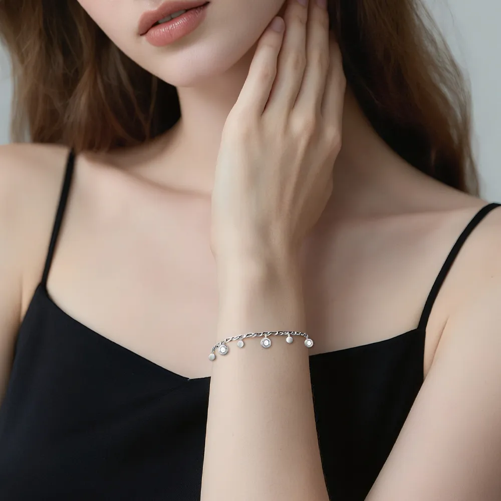 925 Sterling Silver Geometric Coin CZ Necklace Bracelet Set 140500003 - image2