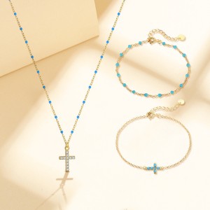 925 Sterling Silver Bead Cross Necklace Bracelet Set 140500004 925 Sterling Silver Bead Cross Necklace Bracelet Set 140500004