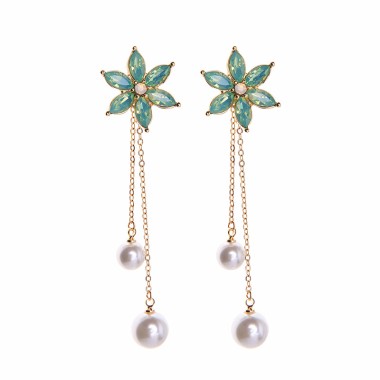 Women Fashion Earring Sparkle Crystal Rhinestone Flower Pearl Tassel Dangle Clip Earring ECE00006