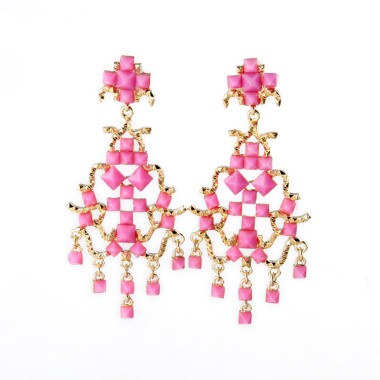 Women Fashion Earring Pink Rhinestone Spike Tassel Dangle Clip Earring ECE00007