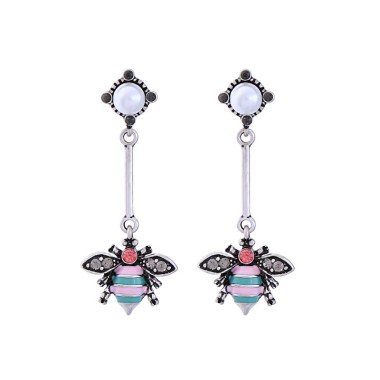 Fashion Drop Earring Shiny Pearl Sparkle Crystal Rhinestone Bee Insect Drop Stud Earring EDE00107