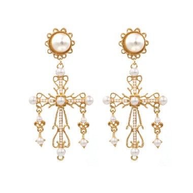 Wholesale Drop Earring Imitation Pearl Baroque Cross Drop Stud Earring EDE00284
