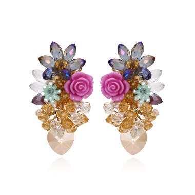 Sparkle Crystal Flower Beads Heart Drop Stud Earring EDE00325