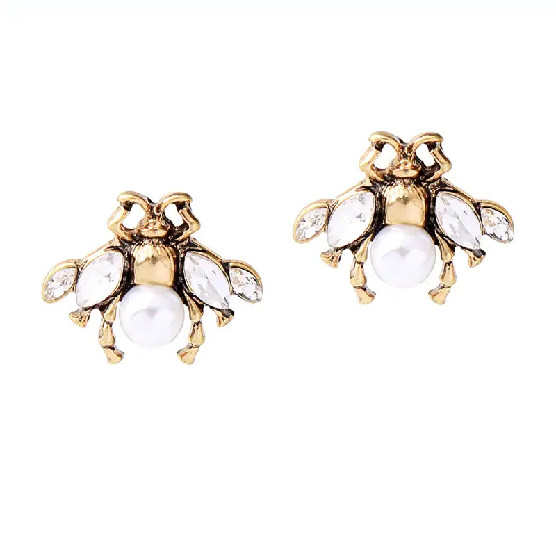 Vintage Sparkle Crystal Rhinestone Pearl Insect Stud Earring ESE00022