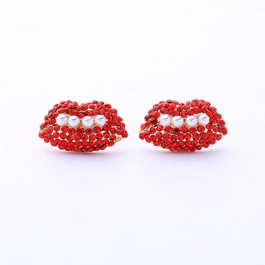Fashion Sparkle Crystal Rhinestone Red Lip Pearl Party Stud Earring ESE00071