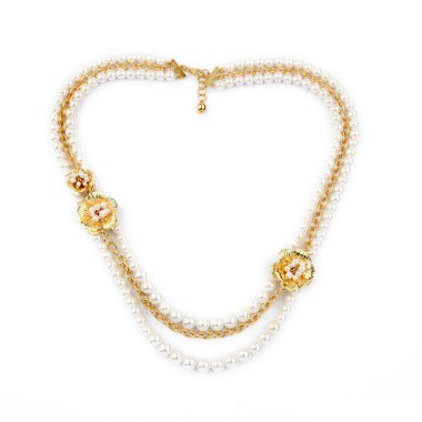 Fashion Layered Pearl Bead Flower Pendant Statement Necklace NSN00109