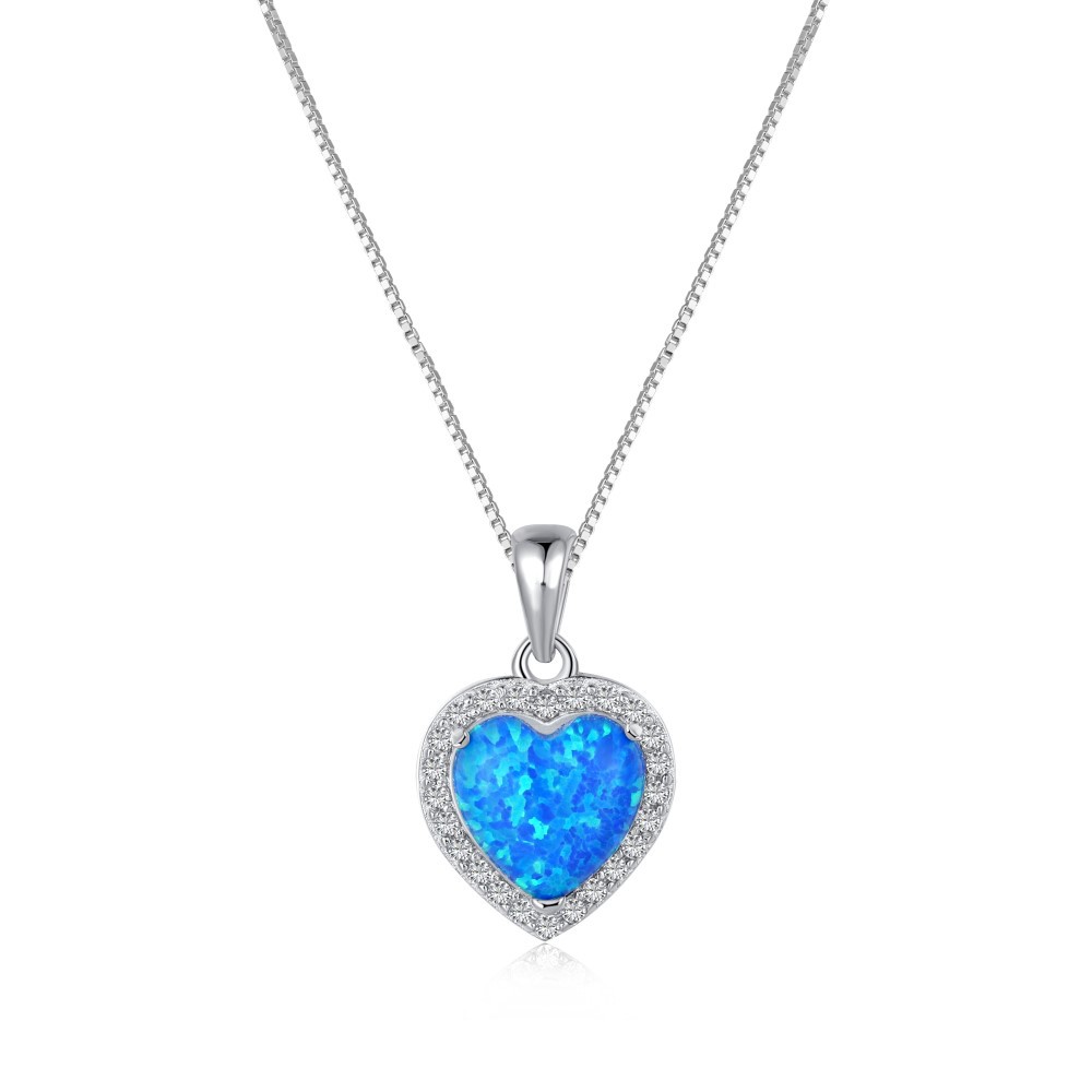 925 Sterling Silver Sparkle Zirconia Opal Heart Pendant Party Necklace